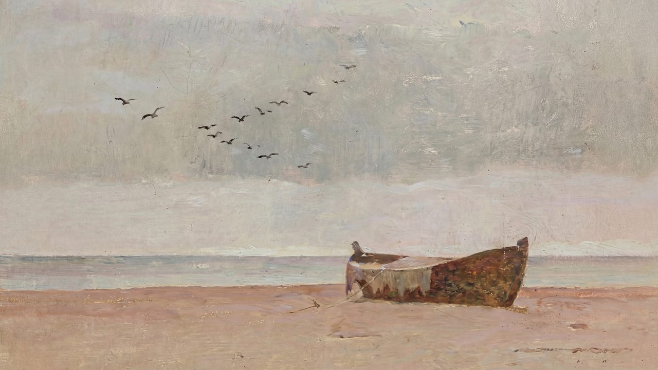 Vintage Frame TV Art, Antique Landscape Oil Painting (Rowboat on Beach with Birds)