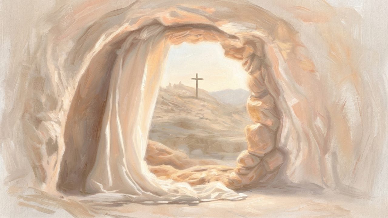Christian Frame TV Art, Jesus Religious Oil Painting (Empty Tomb with Cross)