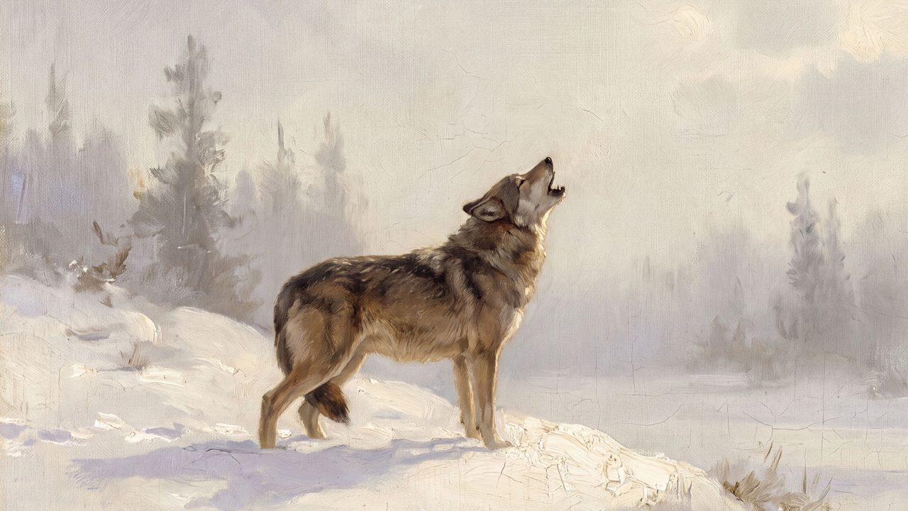 Christmas Frame TV Art, Vintage Holiday Oil Painting (Wolf Howling in Snow)