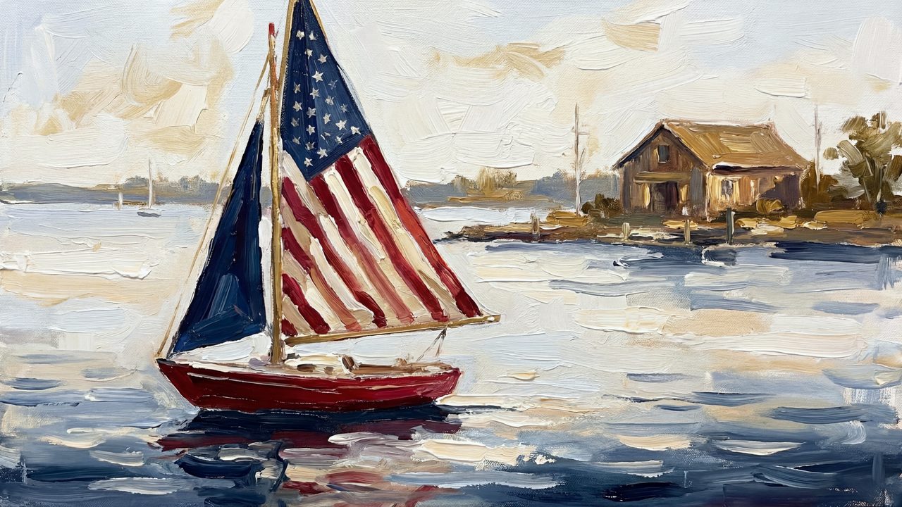 4th of July Frame TV Art, Patriotic American Oil Painting (Sailboat with Flag Sail)
