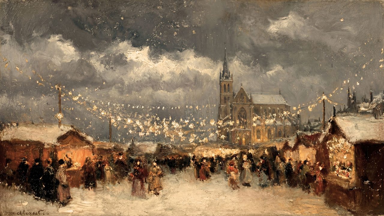 Christmas Frame TV Art, Vintage Holiday Oil Painting (Christmas Market at Dusk)