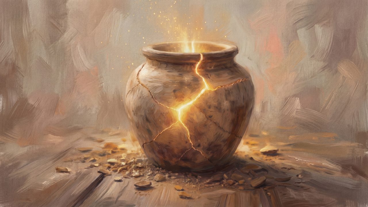 Christian Frame TV Art, Jesus Religious Oil Painting (Cracked Clay Pot with Light)