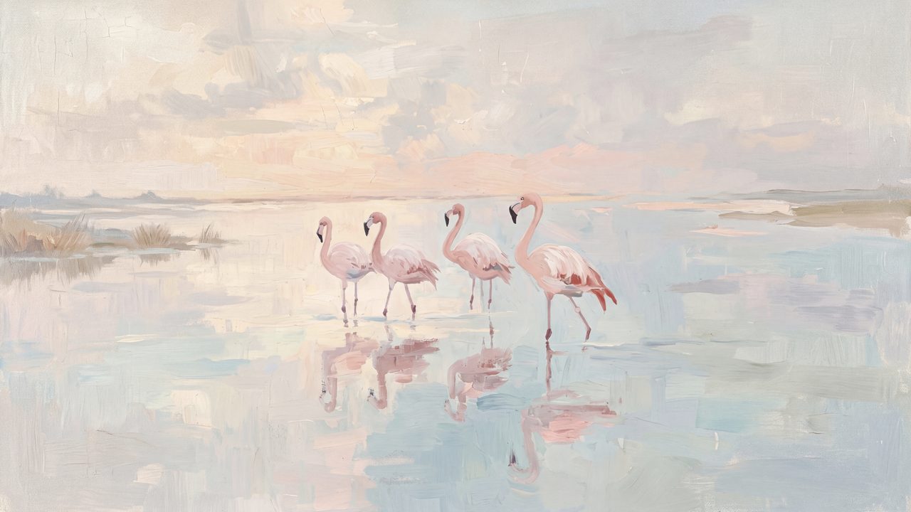Summer Frame TV Art, Coastal Beach Oil Painting (Flamingos in Shallow Water)