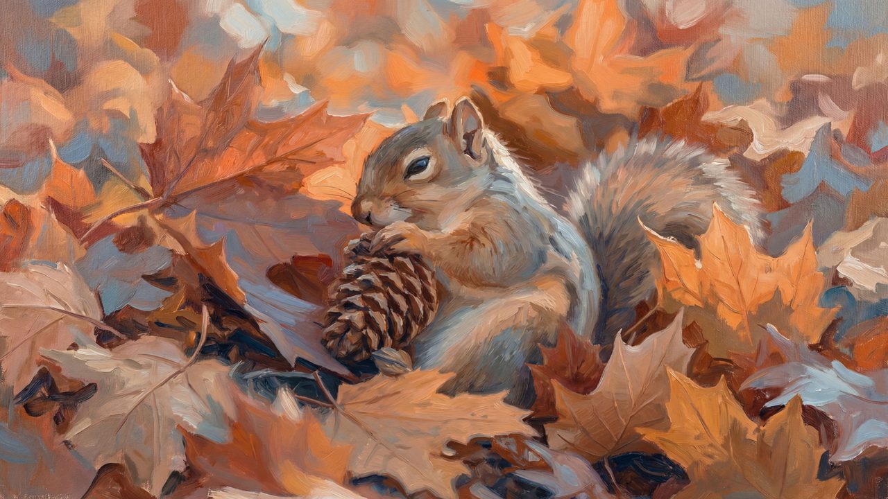 Fall Frame TV Art, Vintage Autumn Oil Painting (Squirrel with Pinecone)