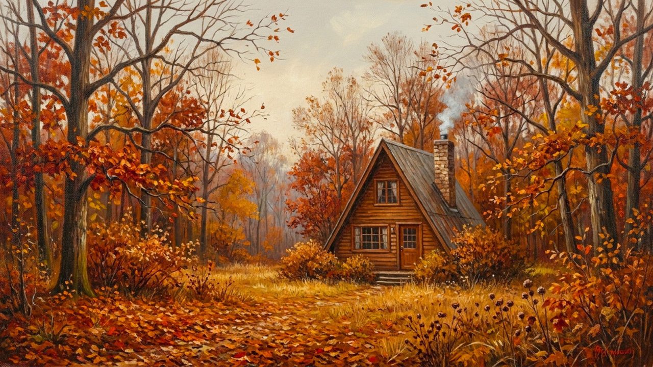 Fall Frame TV Art, Vintage Autumn Oil Painting (Cabin Among Autumn Trees)