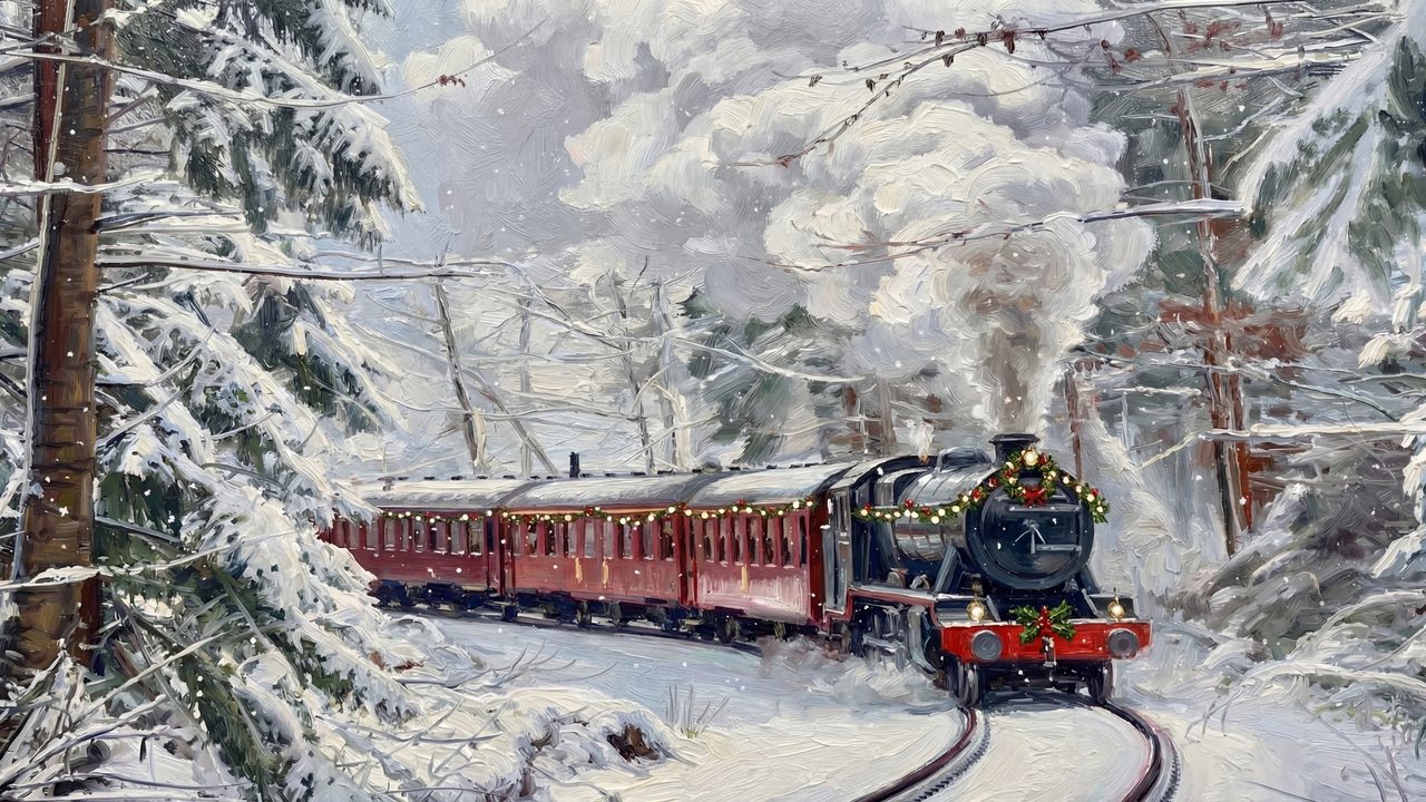 Christmas Train Scene Samsung Frame TV Art • Holiday Express Train Wall Art • Snowy Winter Railway Painting • Cozy