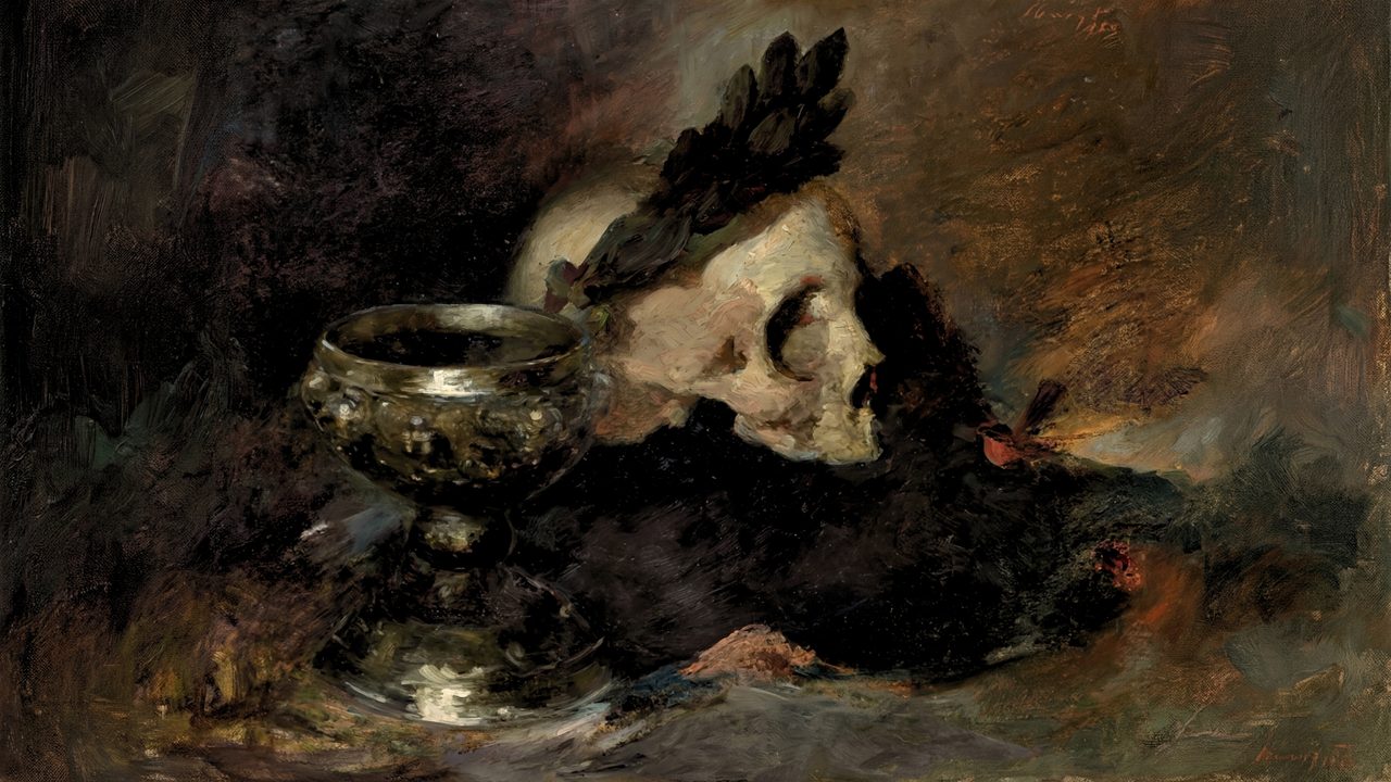 Dark Academia Frame TV Art, Moody Vintage Oil Painting (Skull with Silver Chalice)