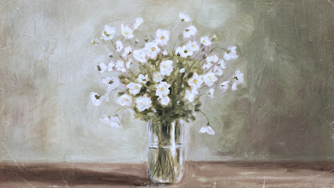 Vintage Frame TV Art, Antique Landscape Oil Painting (White Flowers in Glass Vase 2)