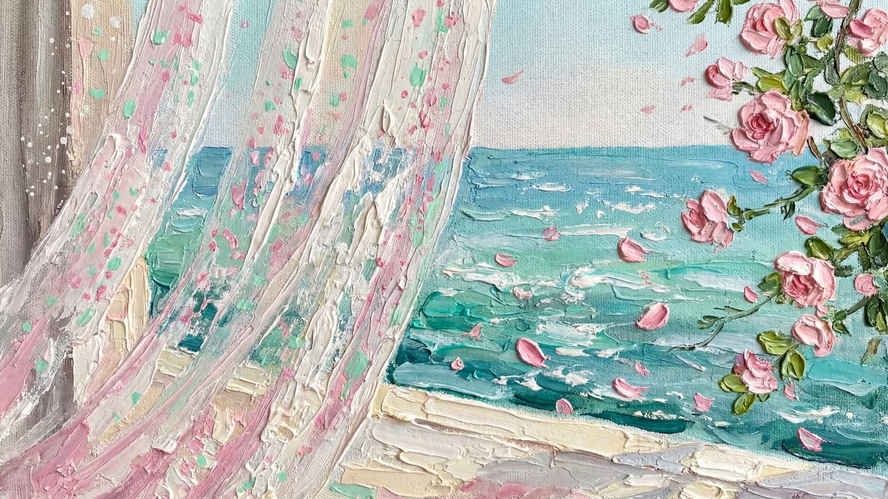 Spring Frame TV Art, Vintage Floral Landscape Oil Painting (Sheer Curtains Over Sea)
