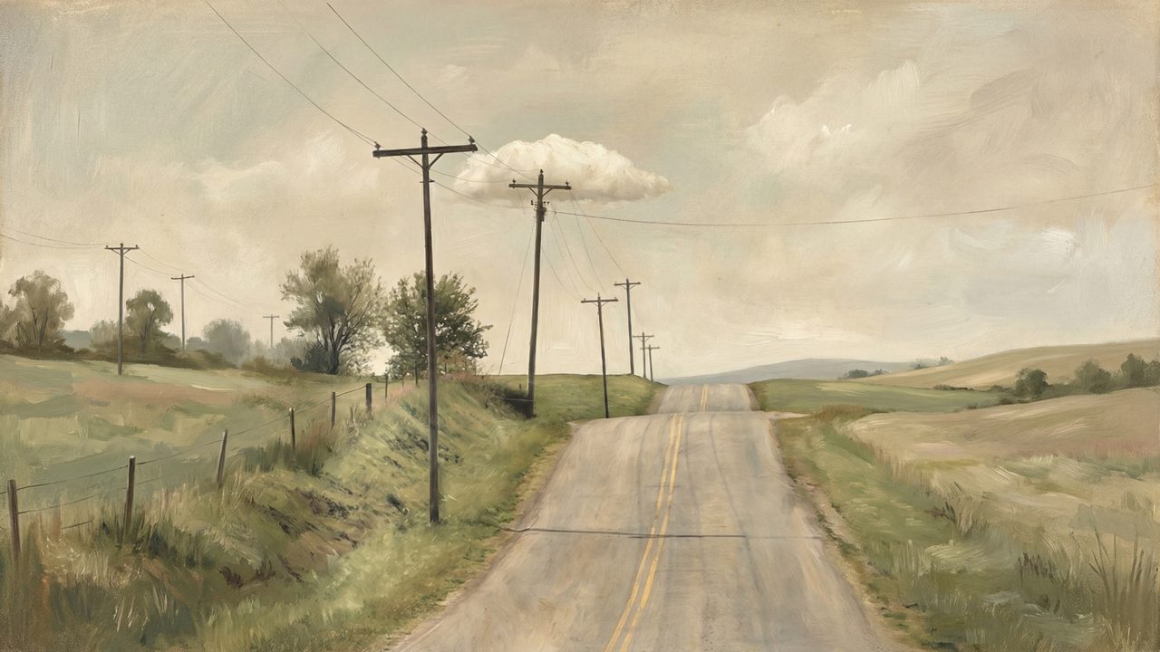 Vintage Frame TV Art, Antique Landscape Oil Painting (Country Road with Power Lines)