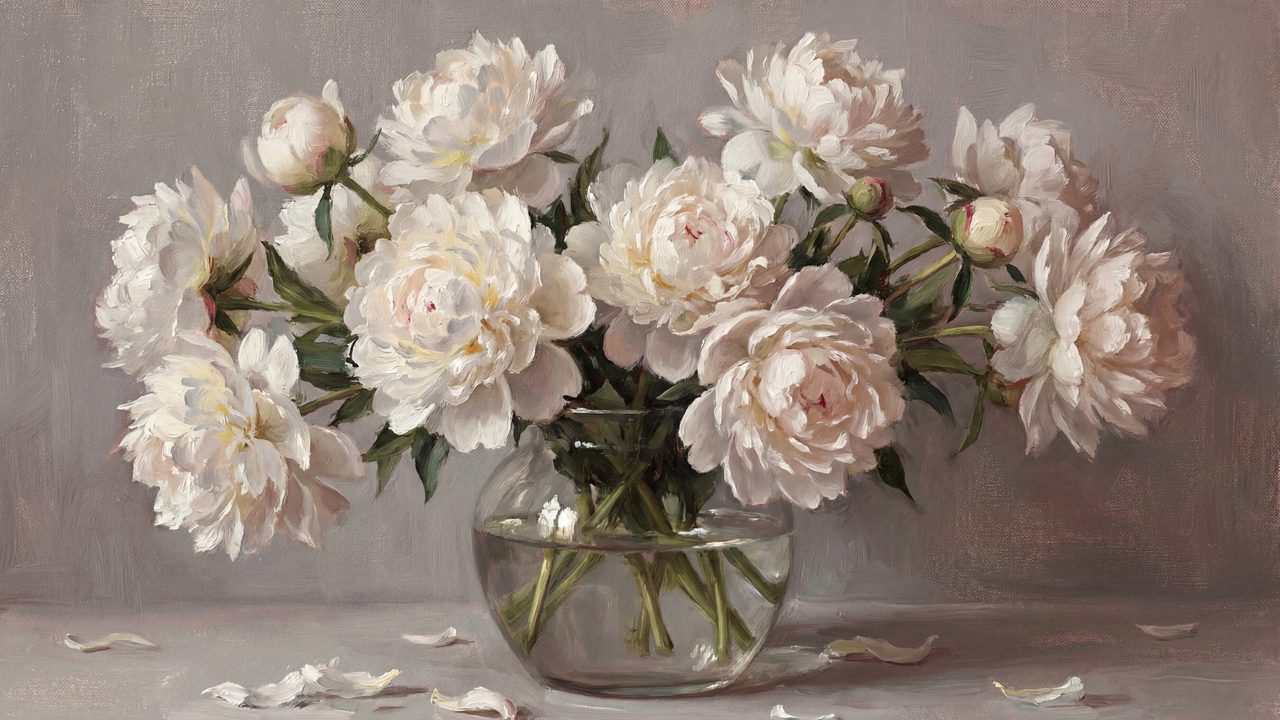 Romantic White Peonies Samsung Frame TV Art, Vintage Floral Oil Painting, Glass Vase Still Life, Neutral Grey Aesthetic