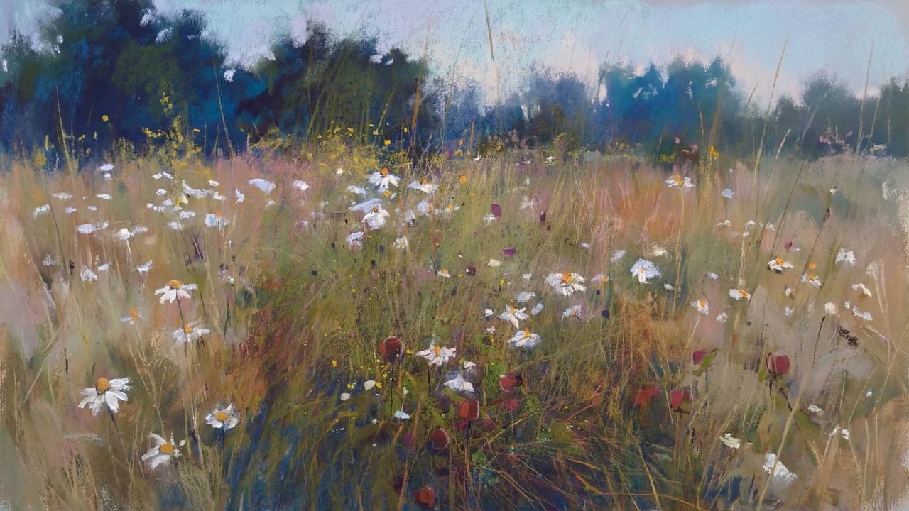 Vintage Frame TV Art, Antique Landscape Oil Painting (White Daisies in Tall Grass)