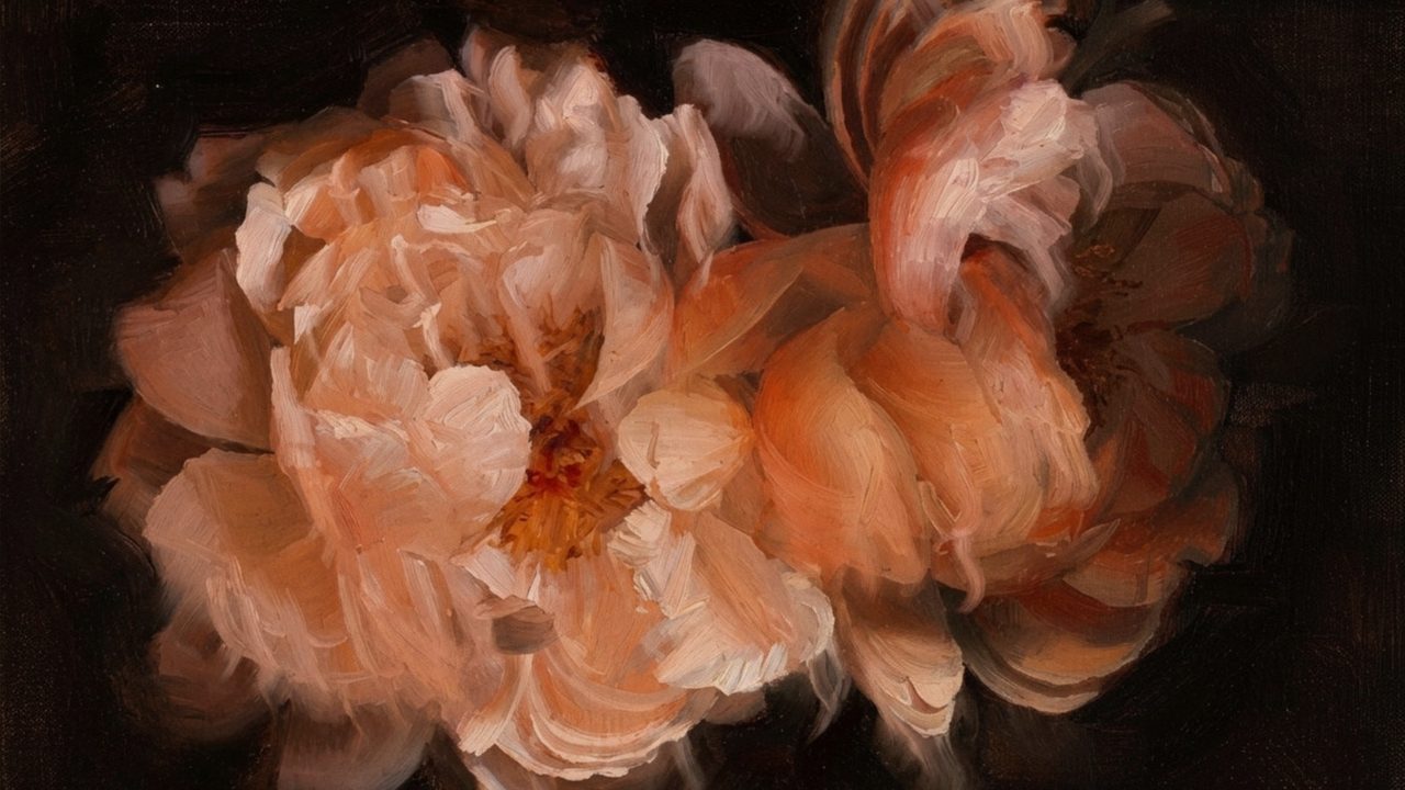 Dark Academia Frame TV Art, Moody Vintage Oil Painting (Peach Peonies on Dark)