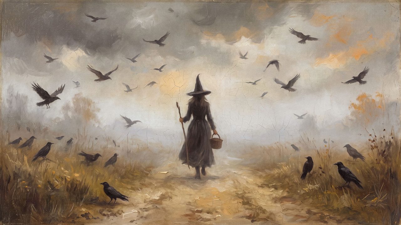 Halloween Frame TV Art, Vintage Moody Oil Painting (Witch Walking with Crows)
