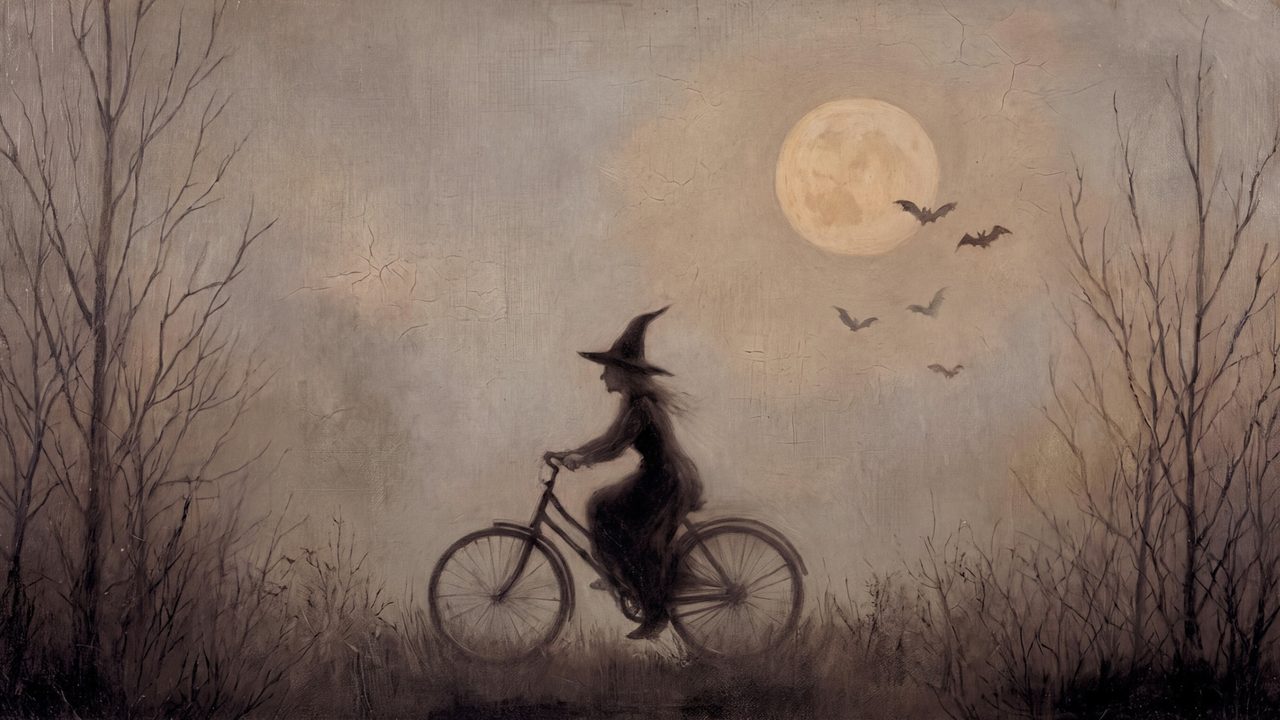 Halloween Frame TV Art, Witch Riding a Bicycle Under Full Moon, Vintage Whimsical Witch Painting, Moody Halloween Decor