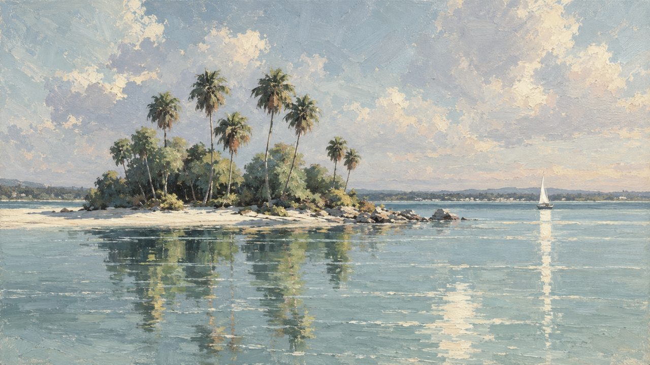 Summer Frame TV Art, Coastal Beach Oil Painting (Palm Island on Calm Sea)