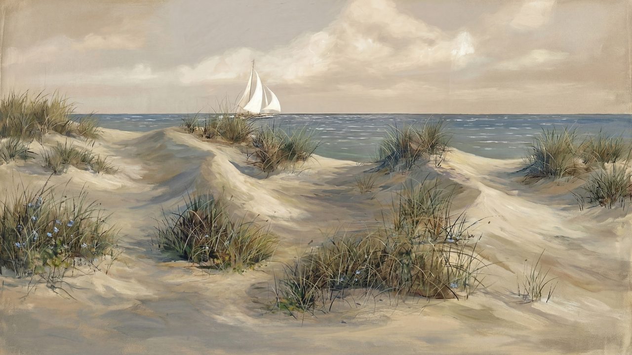 Vintage Frame TV Art, Antique Landscape Oil Painting (Sand Dunes with Sailboat)