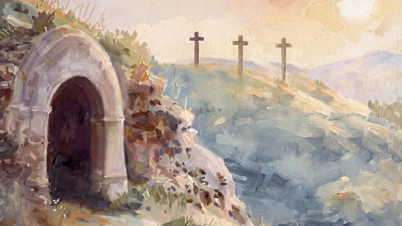 Easter Frame TV Art, Pastel Spring Oil Painting (Empty Tomb with Three Crosses)