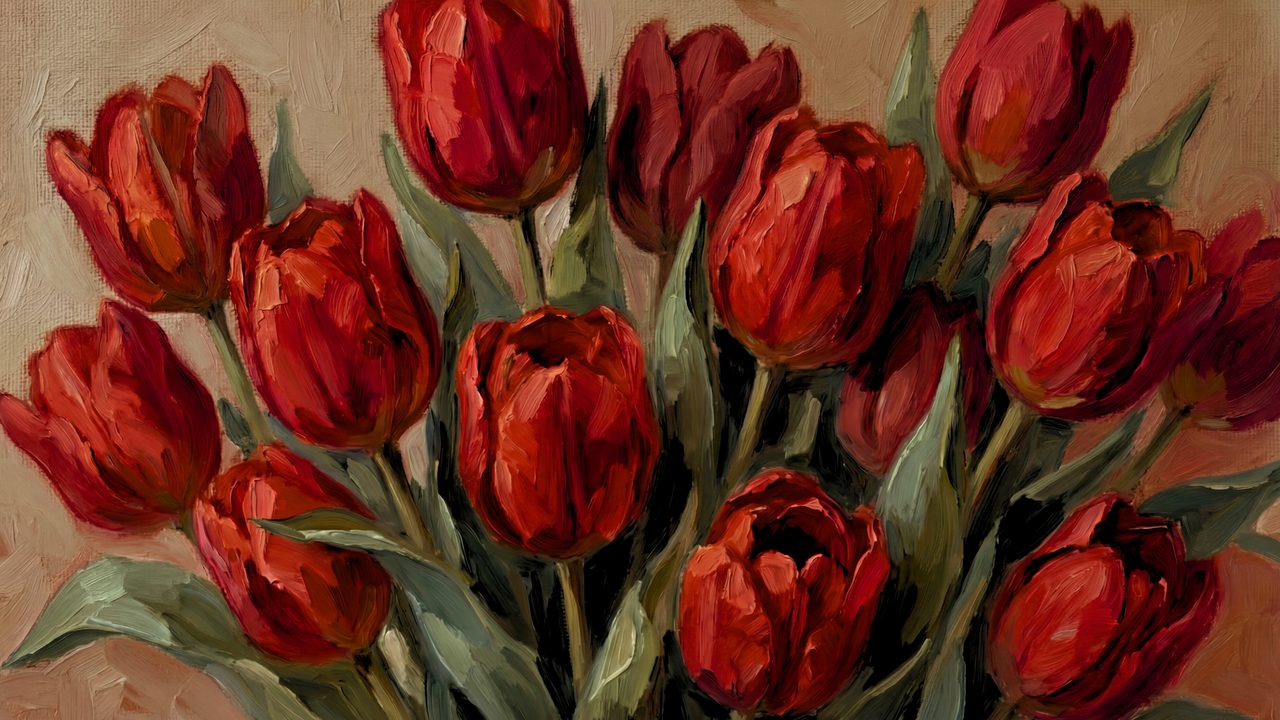 Valentine Frame TV Art, Romantic Vintage Oil Painting (Red Tulips Bouquet)