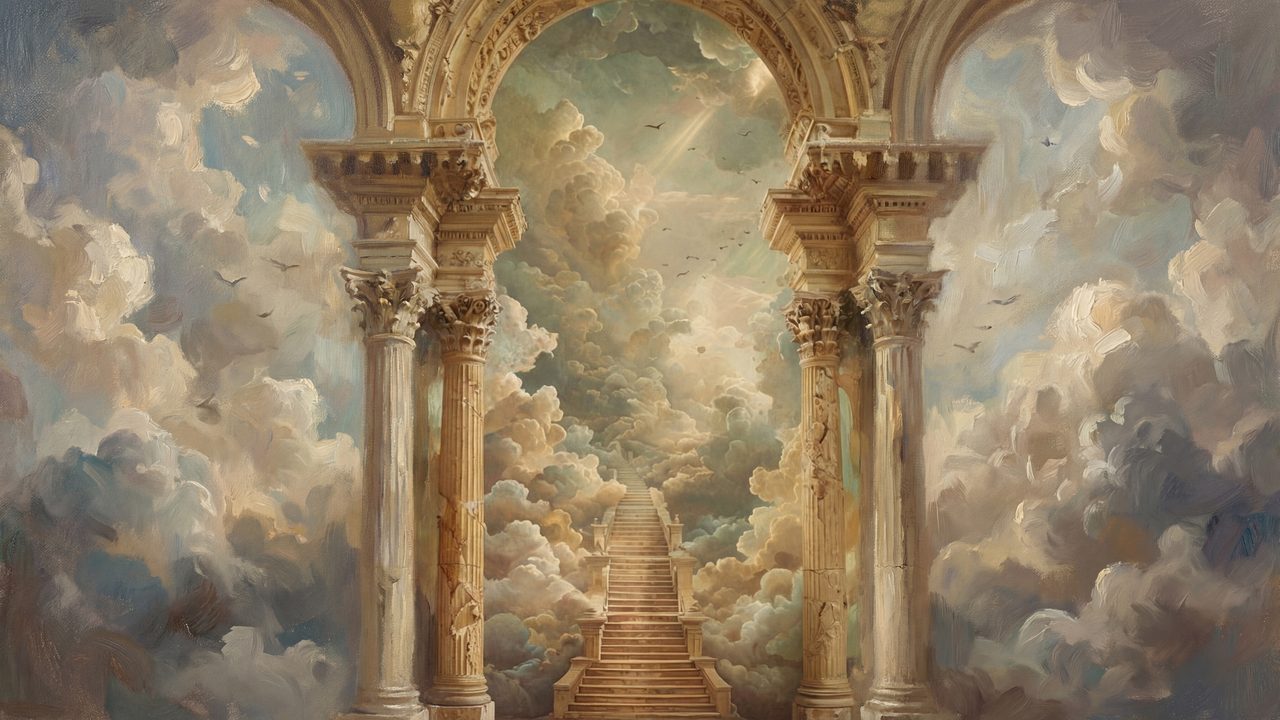 Christian Frame TV Art, Jesus Religious Oil Painting (Heavenly Gates in Clouds)