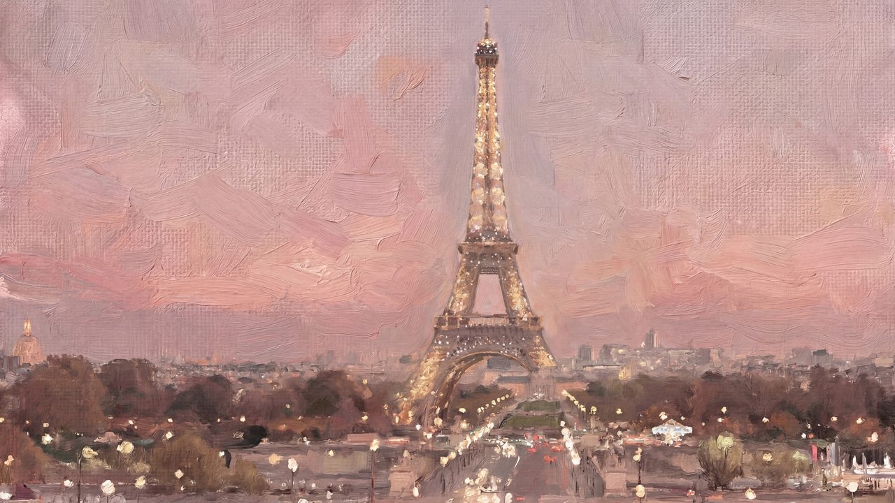 Samsung Frame TV Art Valentine's Day, Pink Paris Eiffel Tower Oil Painting, Dreamy Pastel Cityscape, Romantic Travel