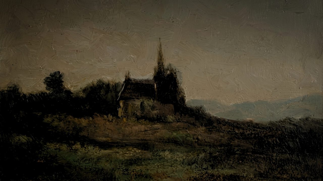 Dark Academia Frame TV Art, Moody Vintage Oil Painting (Church on Dark Hillside)