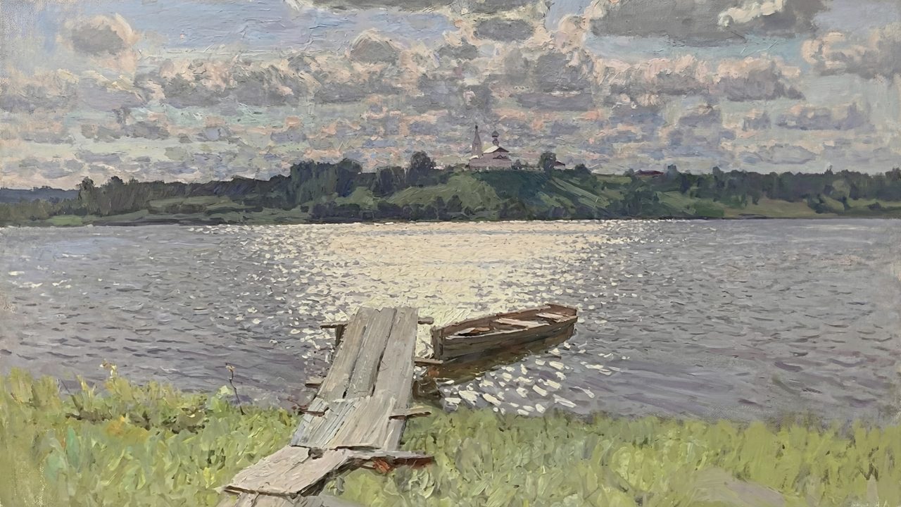 Vintage Frame TV Art, Antique Landscape Oil Painting (Wooden Dock on Lake)