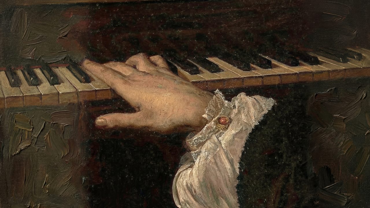 Dark Academia Frame TV Art, Moody Vintage Oil Painting (Hand on Piano Keys)