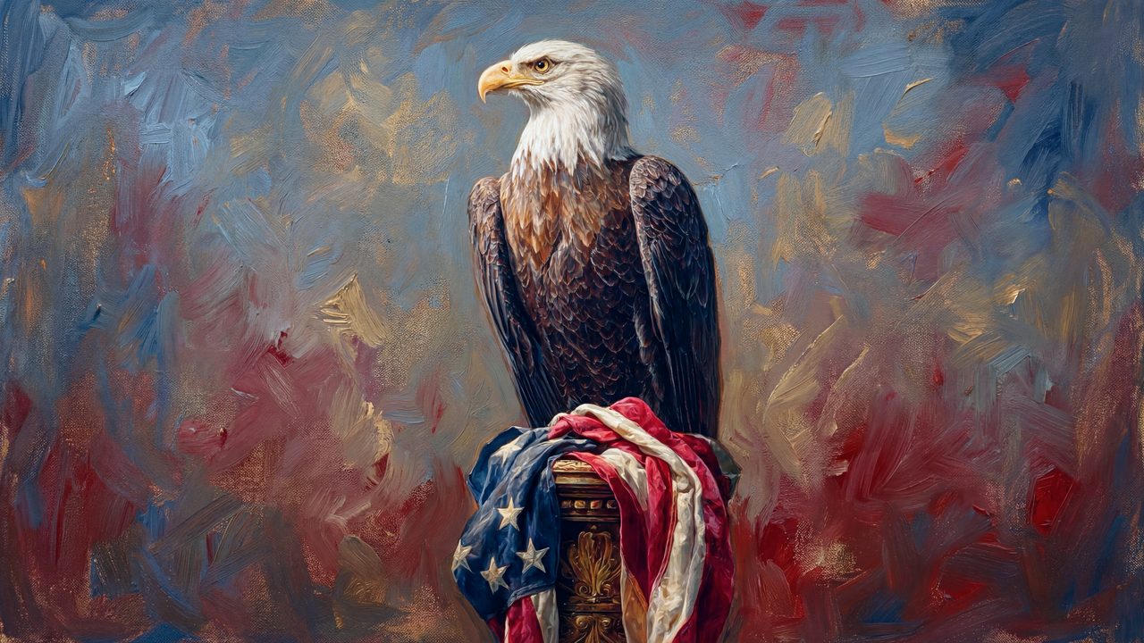 4th of July Frame TV Art, Patriotic American Oil Painting (Bald Eagle on Flag)