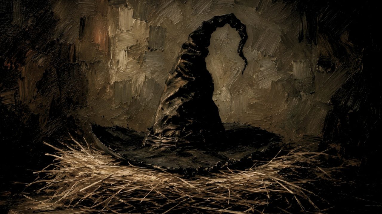 Fall Frame TV Art, Vintage Autumn Oil Painting (Witch Hat on Straw)