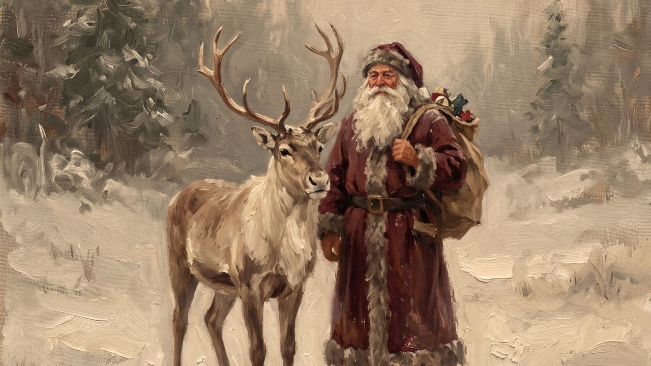 Christmas Frame TV Art, Vintage Holiday Oil Painting (Santa with Reindeer 3)
