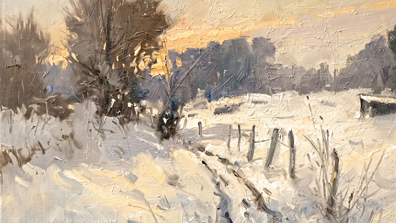 Christmas Frame TV Art, Vintage Holiday Oil Painting (Snowy Field at Sunset 2)