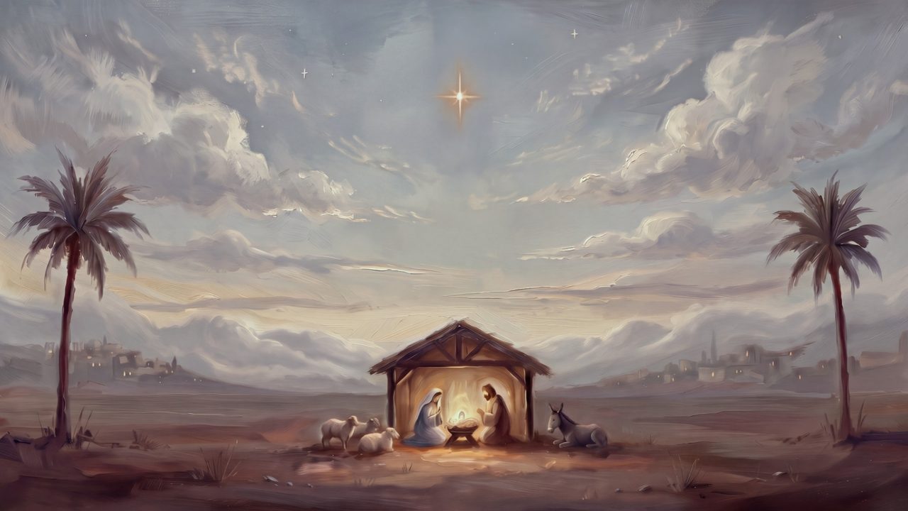 Nativity Frame TV Art, Christmas Nativity Scene Painting, Star of Bethlehem, Neutral Christian Christmas Decor, Samsung Frame Download
