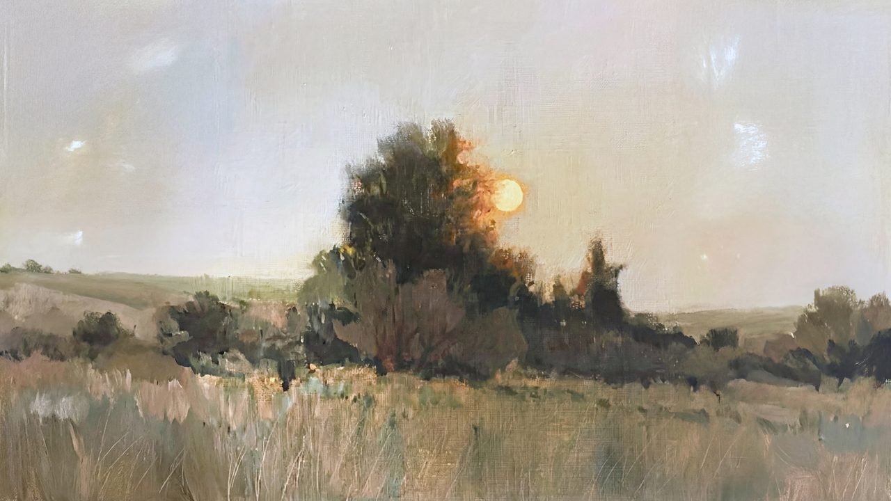 Vintage Frame TV Art, Antique Landscape Oil Painting (Sunset Over Meadow Trees)