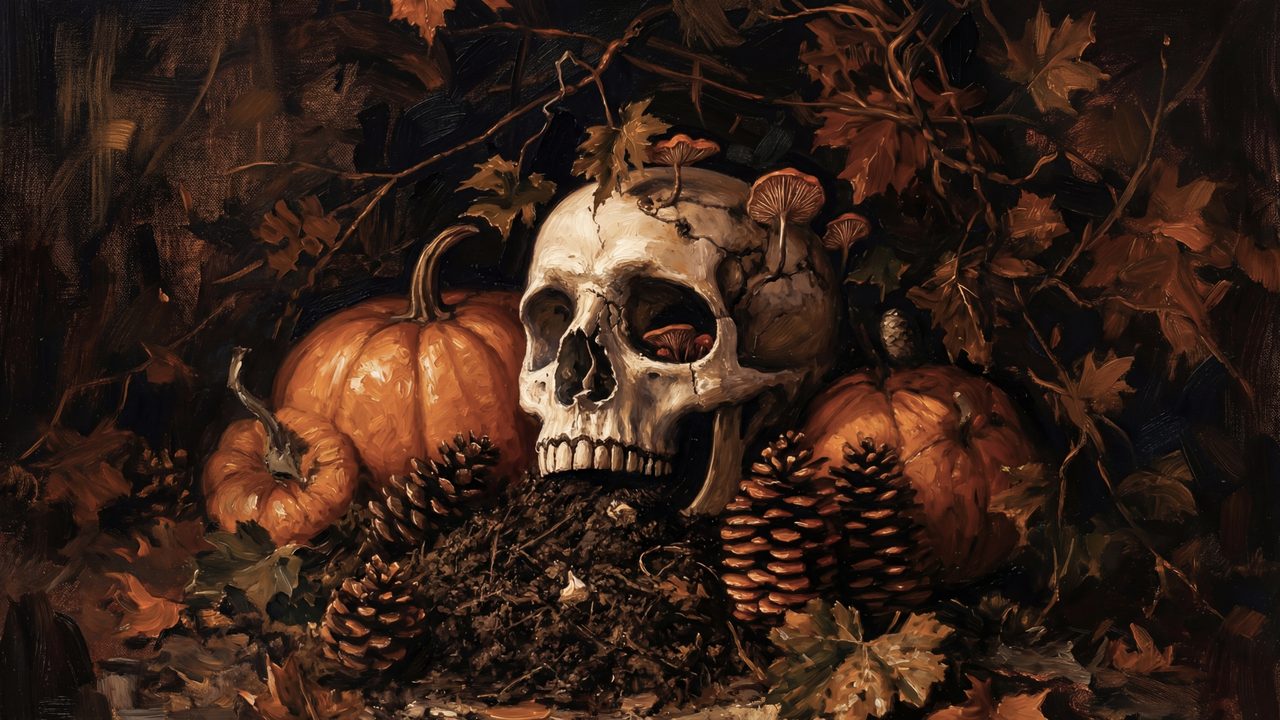 Fall Frame TV Art, Vintage Autumn Oil Painting (Skull with Pumpkins and Pinecones)