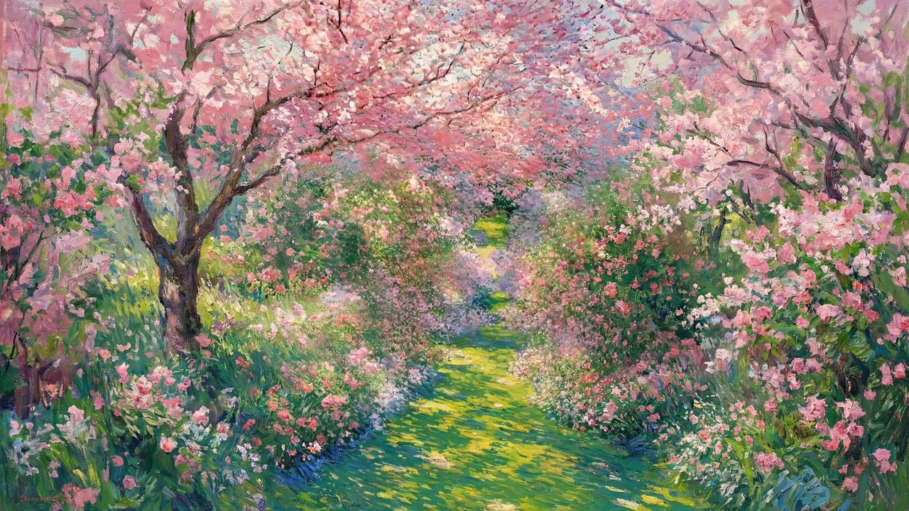 Spring Frame TV Art, Vintage Floral Landscape Oil Painting (Pink Blossom Orchard Path)