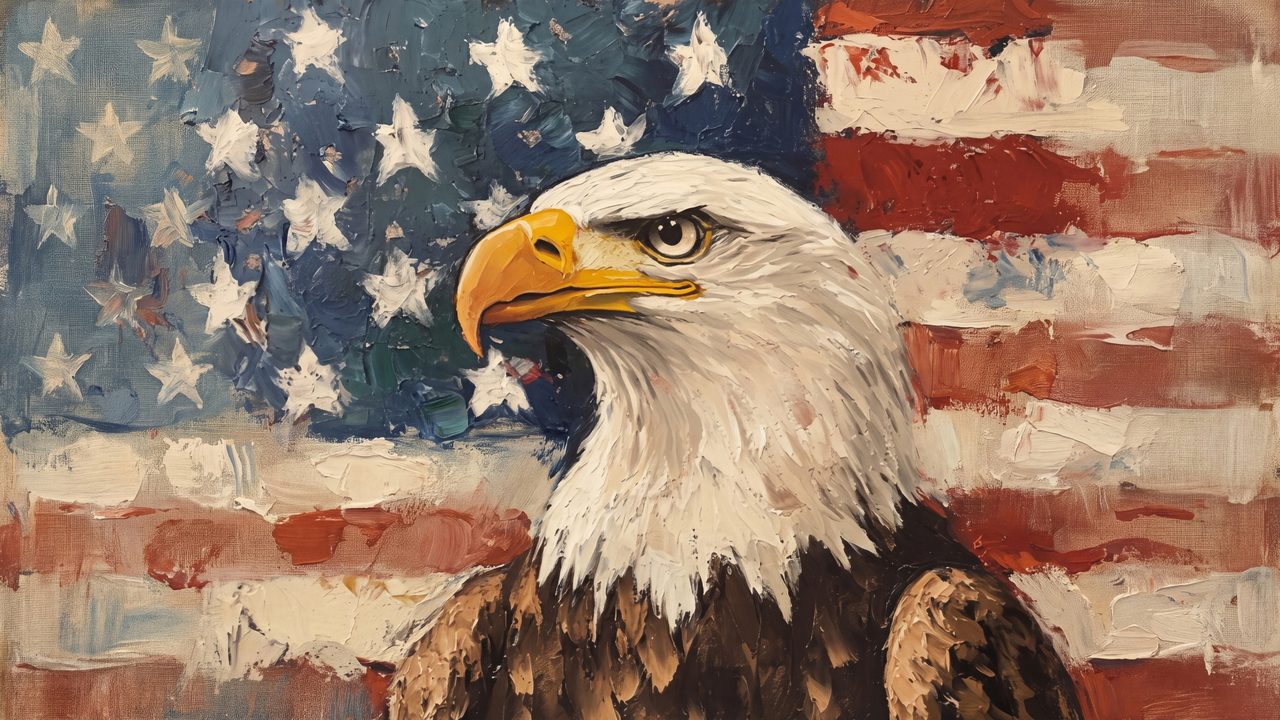 4th of July Frame TV Art, Patriotic American Oil Painting (Bald Eagle with American Flag 2)