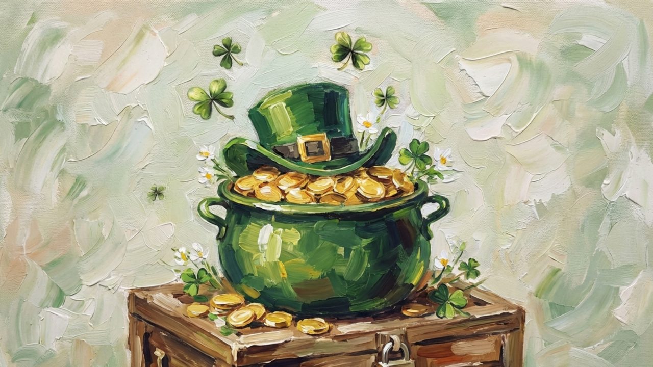 St. Patrick's Day Frame TV Art, Irish Clover Oil Painting (Pot of Gold with Hat)