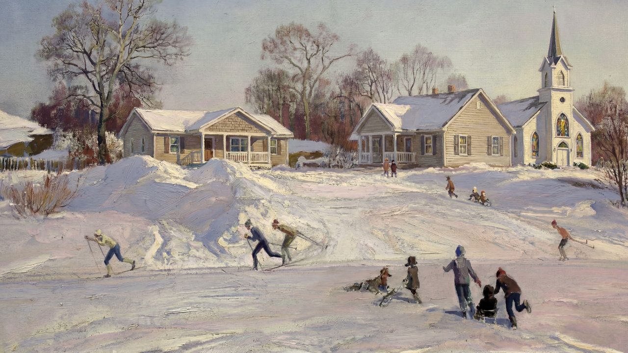 Christmas Frame TV Art, Vintage Holiday Oil Painting (Children Playing in Snowy Village)