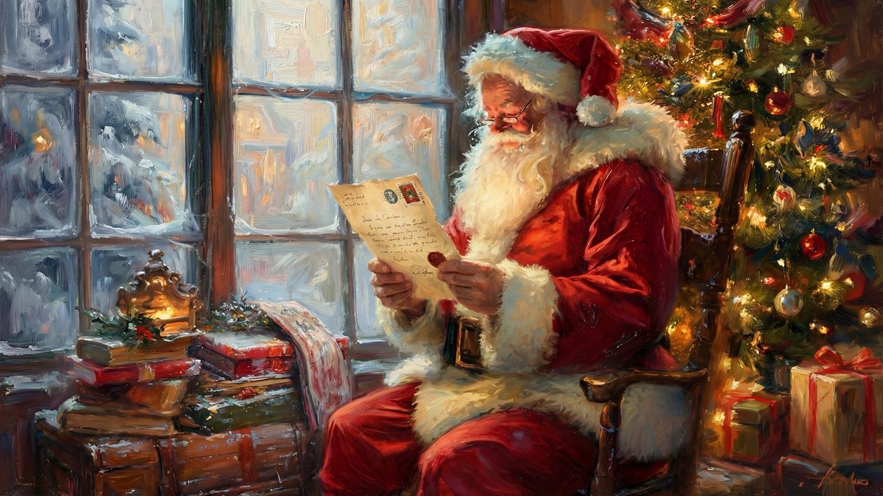 Samsung Frame TV Art Santa Reading Letter Painting • Vintage Christmas Wall Art • Cozy Holiday Decor • Classic Winter