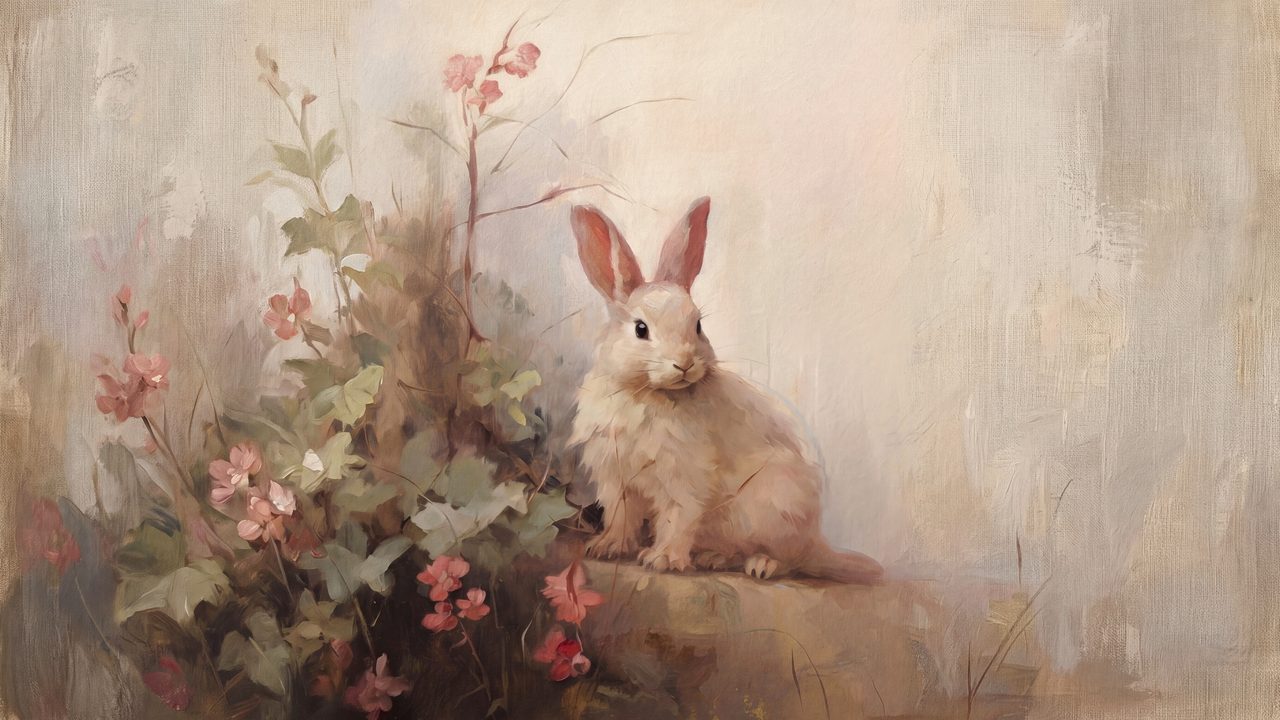 Fall Frame TV Art, Vintage Autumn Oil Painting (White Rabbit with Pink Blossoms)