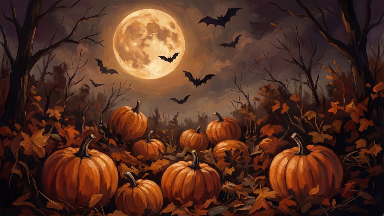 Halloween Frame TV Art, Vintage Moody Oil Painting (Pumpkin Field Under Full Moon)