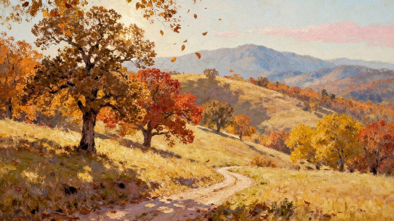 Fall Frame TV Art, Vintage Autumn Oil Painting (Country Path Through Autumn Hills)