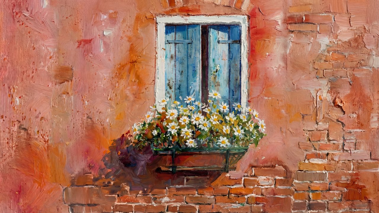 Spring Frame TV Art, Vintage Floral Landscape Oil Painting (Window Box on Brick Wall)