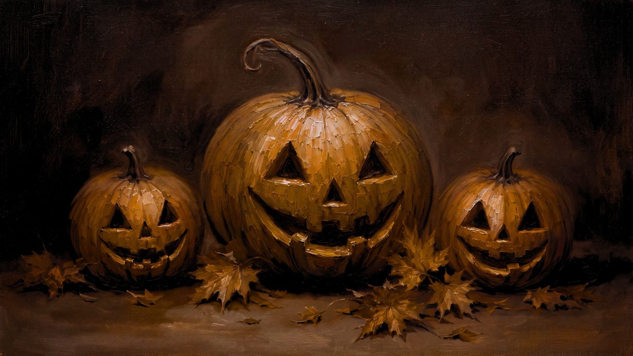 Fall Frame TV Art, Vintage Autumn Oil Painting (Three Grinning Jack O Lanterns)