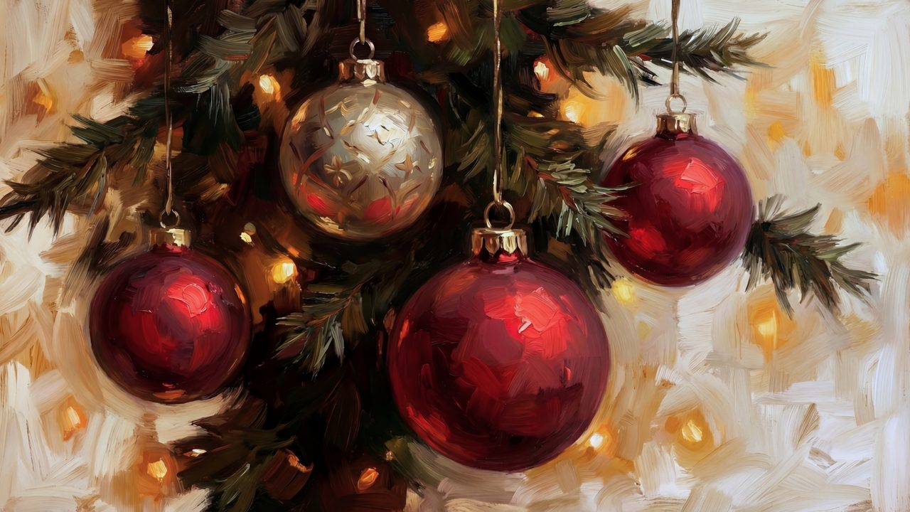 Christmas Frame TV Art, Vintage Holiday Oil Painting (Red Ornaments on Tree)