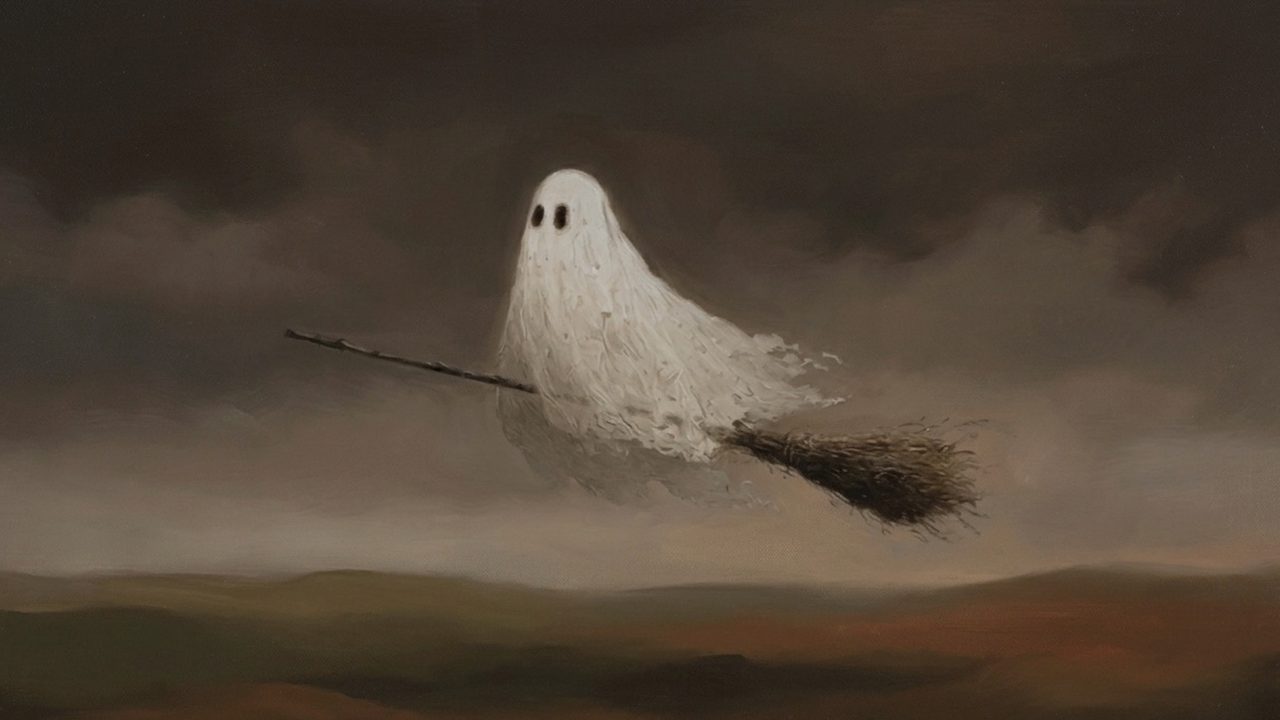 Halloween Frame TV Art, Ghost Flying on Broomstick, Moody Minimalist Halloween Painting, Dark Vintage Ghost Art