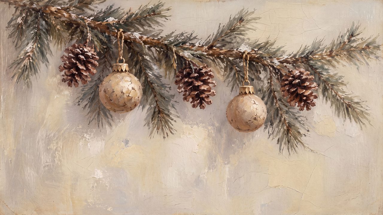 Christmas Frame TV Art, Vintage Holiday Oil Painting (Pine Branch with Ornaments)