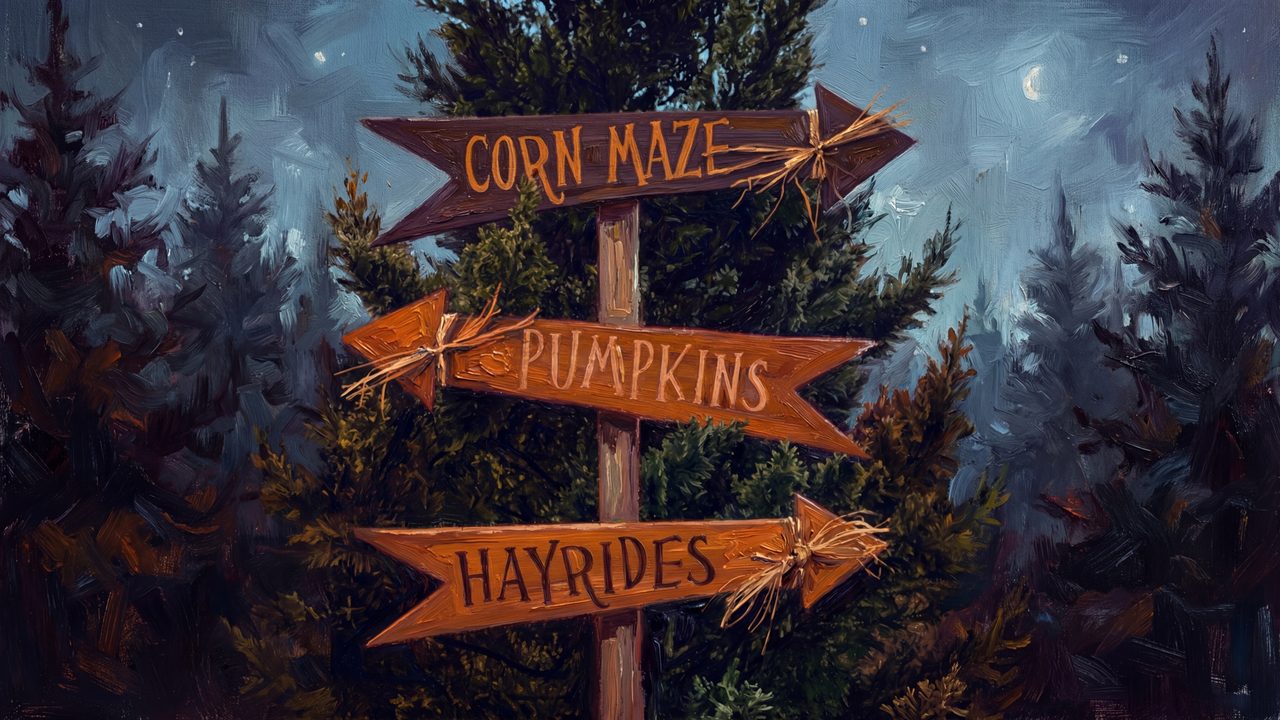 Halloween Frame TV Art, Vintage Moody Oil Painting (Corn Maze Pumpkins Signpost)