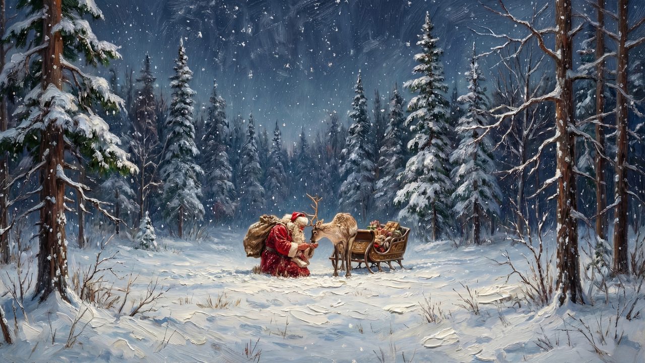 Samsung Frame TV Art Santa Claus • Christmas Reindeer • Winter Forest Painting • Vintage Holiday Wall Art